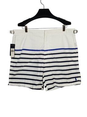 NWT Polo Ralph Lauren Board Shorts Men's 36 White Blue Nautical Striped Buckles